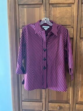 Foxcroft Pink and Black Striped Button-Front Top